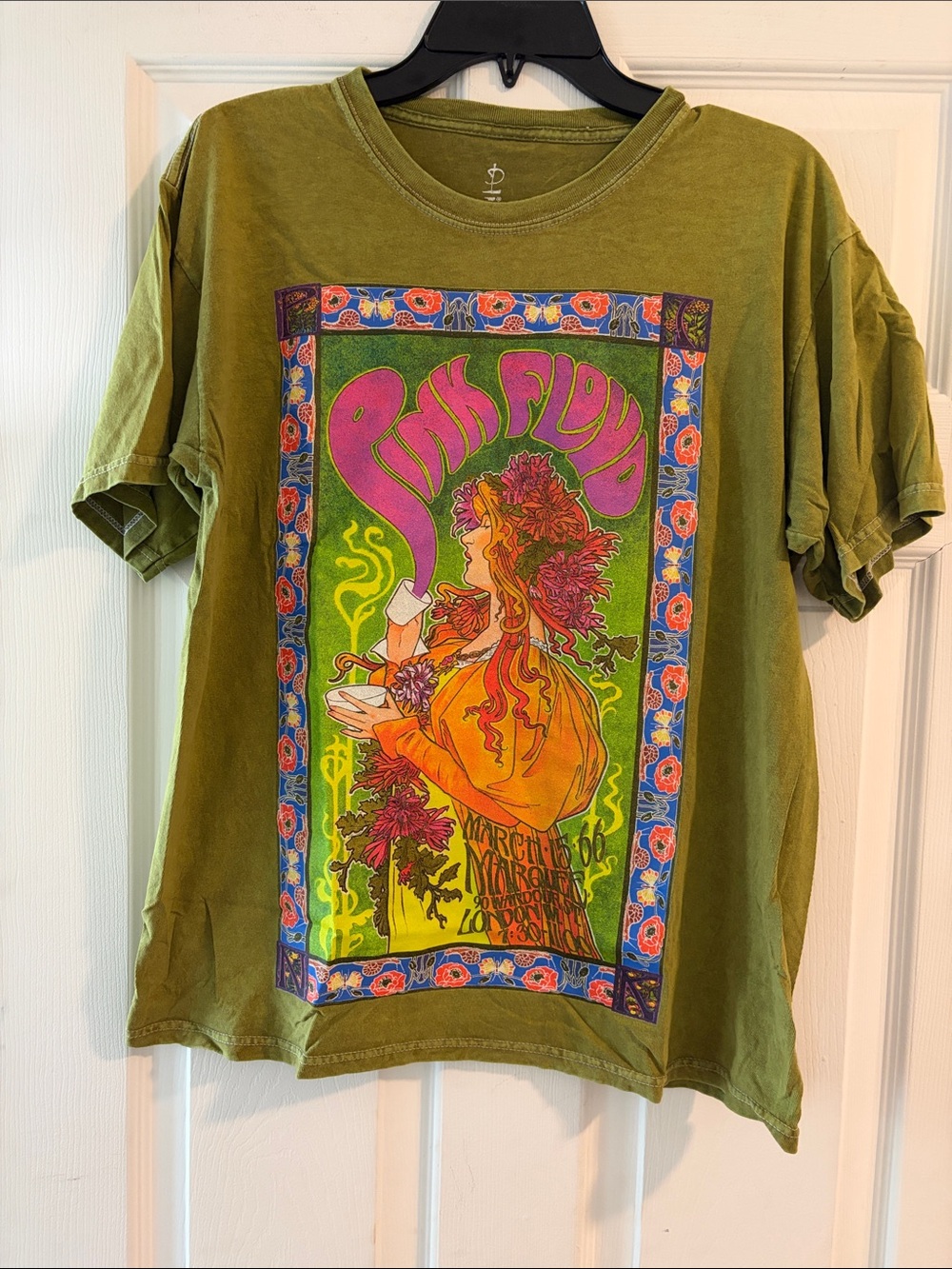 Pink Floyd Olive Green Short Sleeve Tee with Psychedelic Art
